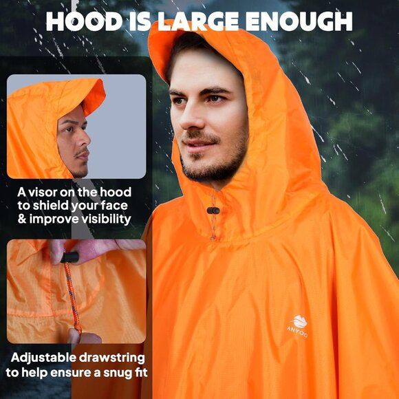Hooded Rain Poncho for Adults Waterproof Lightweight Rain Coat for Men Women Reu - Picture 4 of 8
